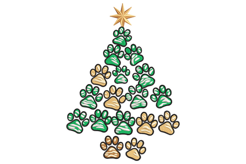 Embroidered christmas tree made of green and tan paw prints with a gold star on top, festive pet holiday design on white.
