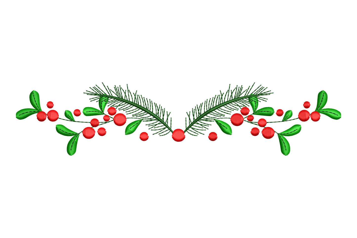 Vertical Christmas pine needle and red berry garland embroidery design in forest green and cherry red, 4 sizes up to 7.5 inches tall