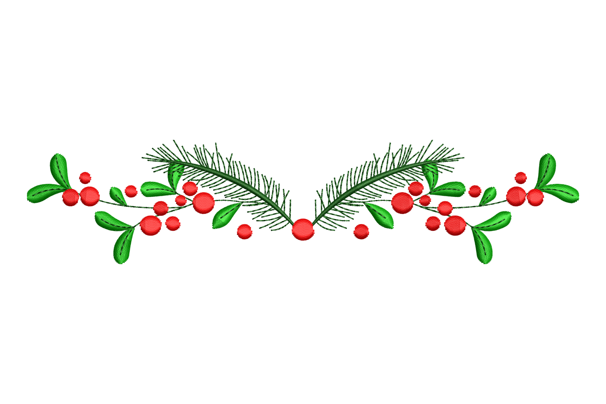 Vertical Christmas pine needle and red berry garland embroidery design in forest green and cherry red, 4 sizes up to 7.5 inches tall