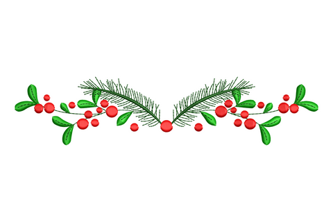 Vertical Christmas pine needle and red berry garland embroidery design in forest green and cherry red, 4 sizes up to 7.5 inches tall