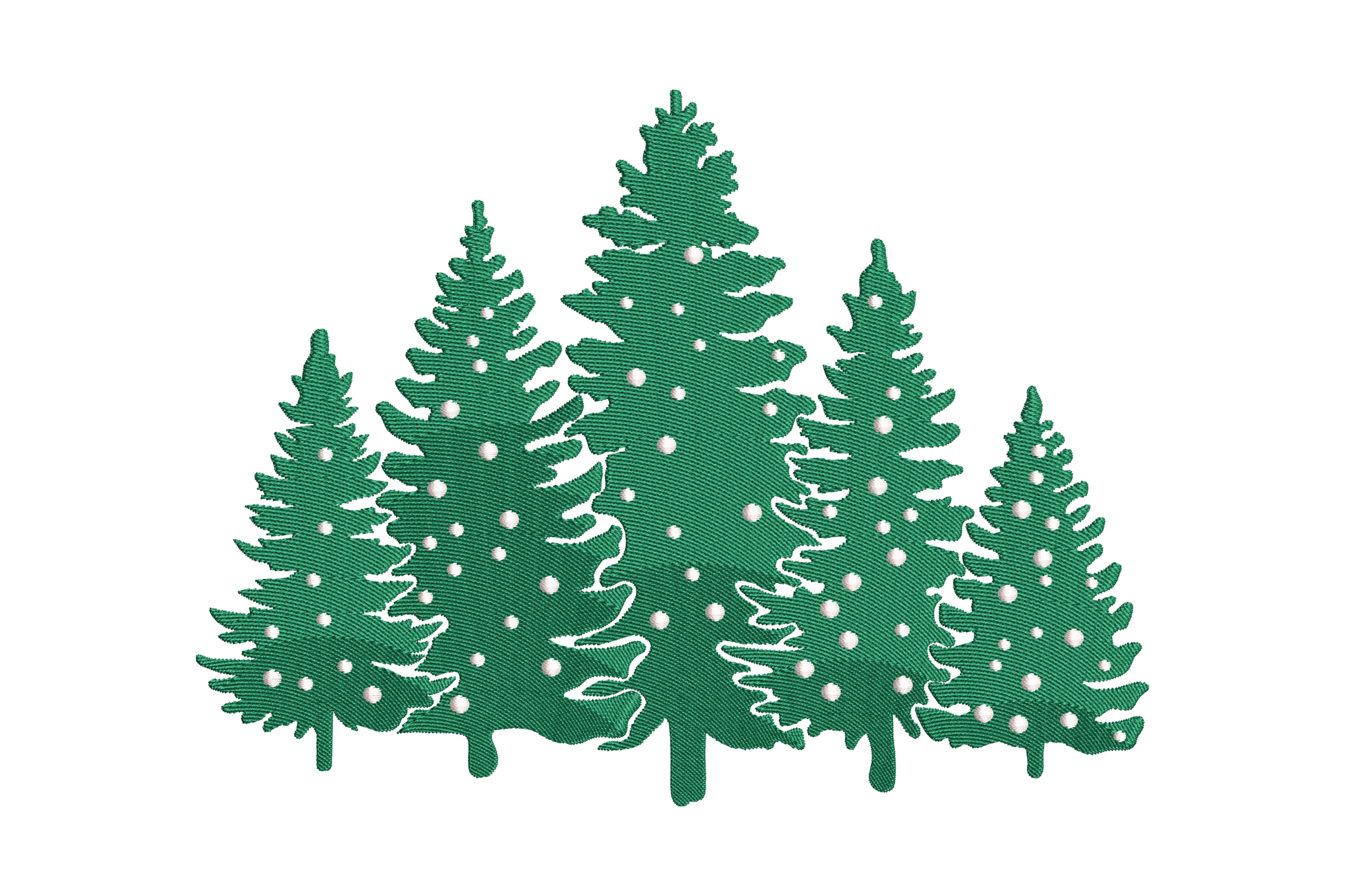 Christmas pine forest embroidery design, dense overlapping pine tree silhouettes in deep green and black, high density nature scene for jackets and blankets
