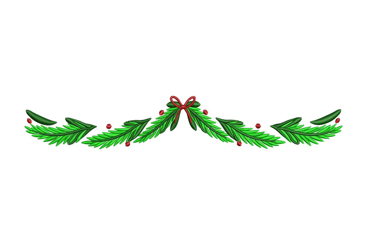 Christmas pine garland with red satin bow embroidery design in forest green and red, 4 sizes from 4.51 to 7.51 inches tall, 11156 max stitches