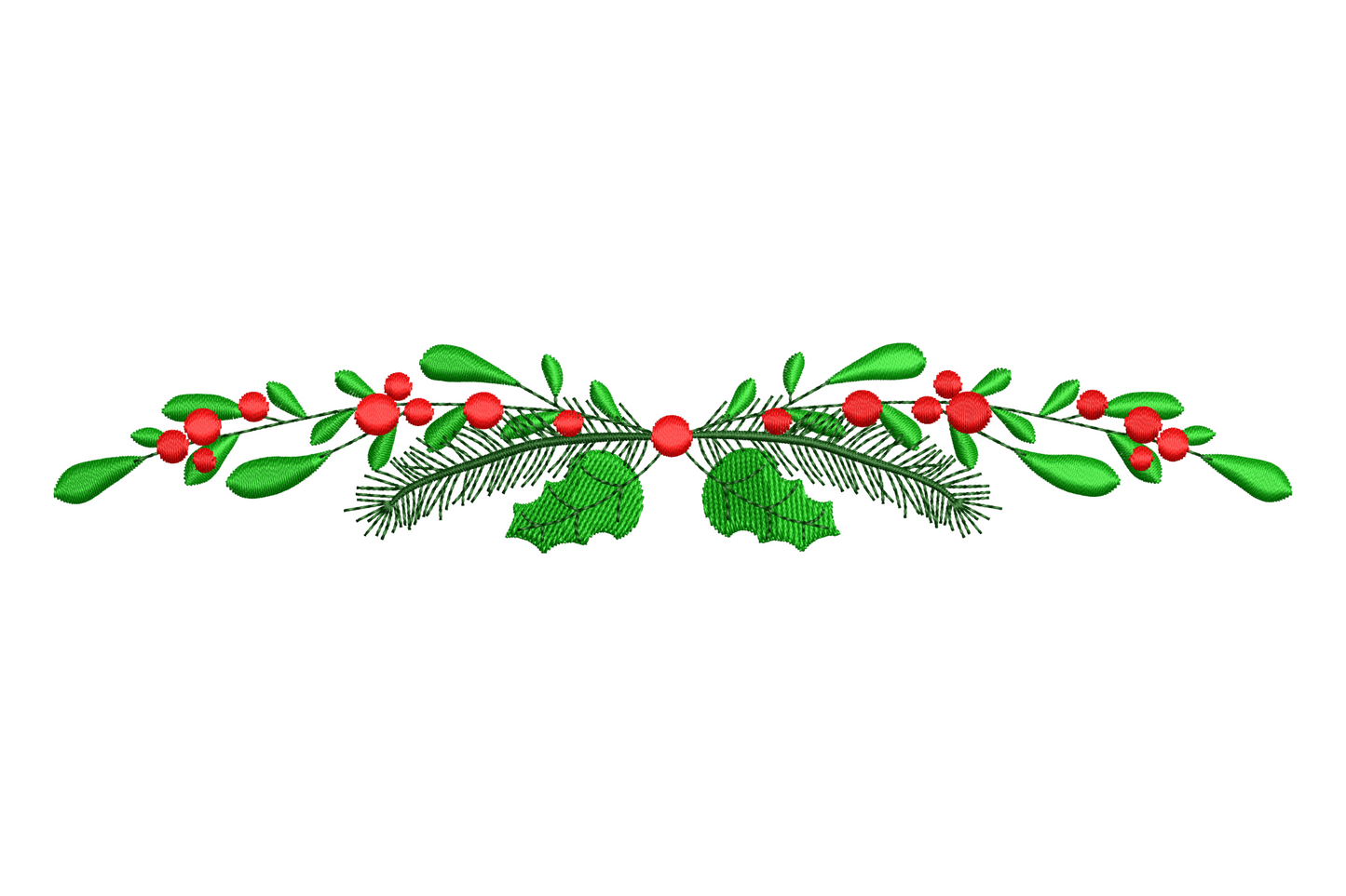 Christmas pine needle and holly garland embroidery design in deep green and red, slim vertical format, 4 sizes from 4.5 to 7.5 inches