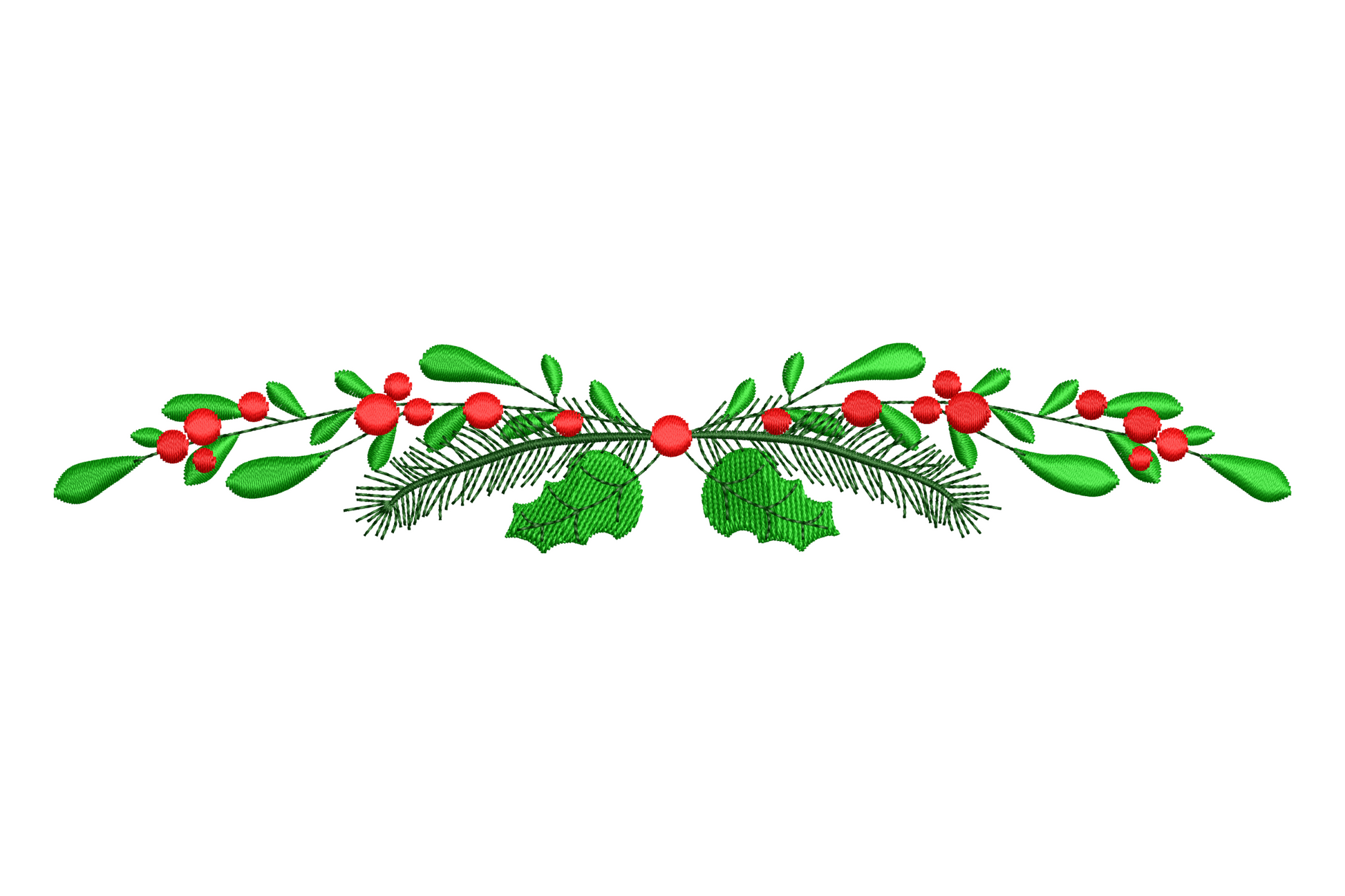Christmas pine needle and holly garland embroidery design in deep green and red, slim vertical format, 4 sizes from 4.5 to 7.5 inches