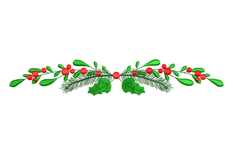 Christmas pine needle and holly garland embroidery design in deep green and red, slim vertical format, 4 sizes from 4.5 to 7.5 inches