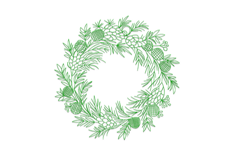 Christmas pine wreath embroidery design in dark green outline style with pine cones, needle branches and berry clusters