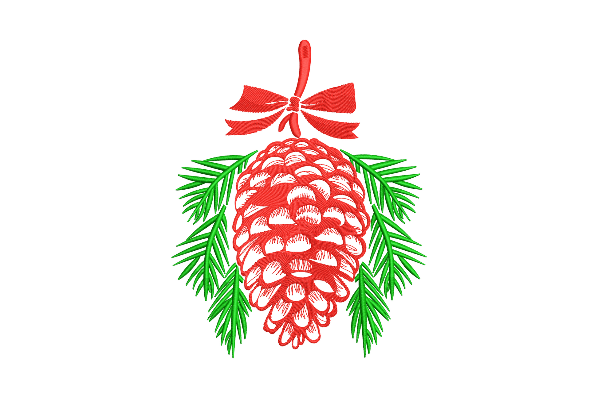 Red pinecone ornament embroidery with overlapping scale outline green pine sprigs and red bow on top.