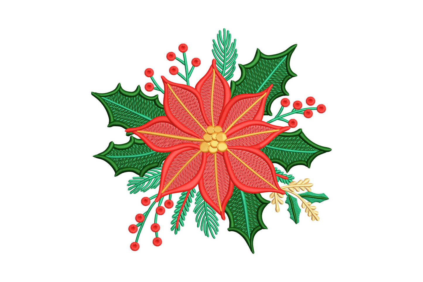 Christmas poinsettia machine embroidery design with red satin-fill petals, dark green holly leaves, berry clusters and pine sprigs, 7 colors