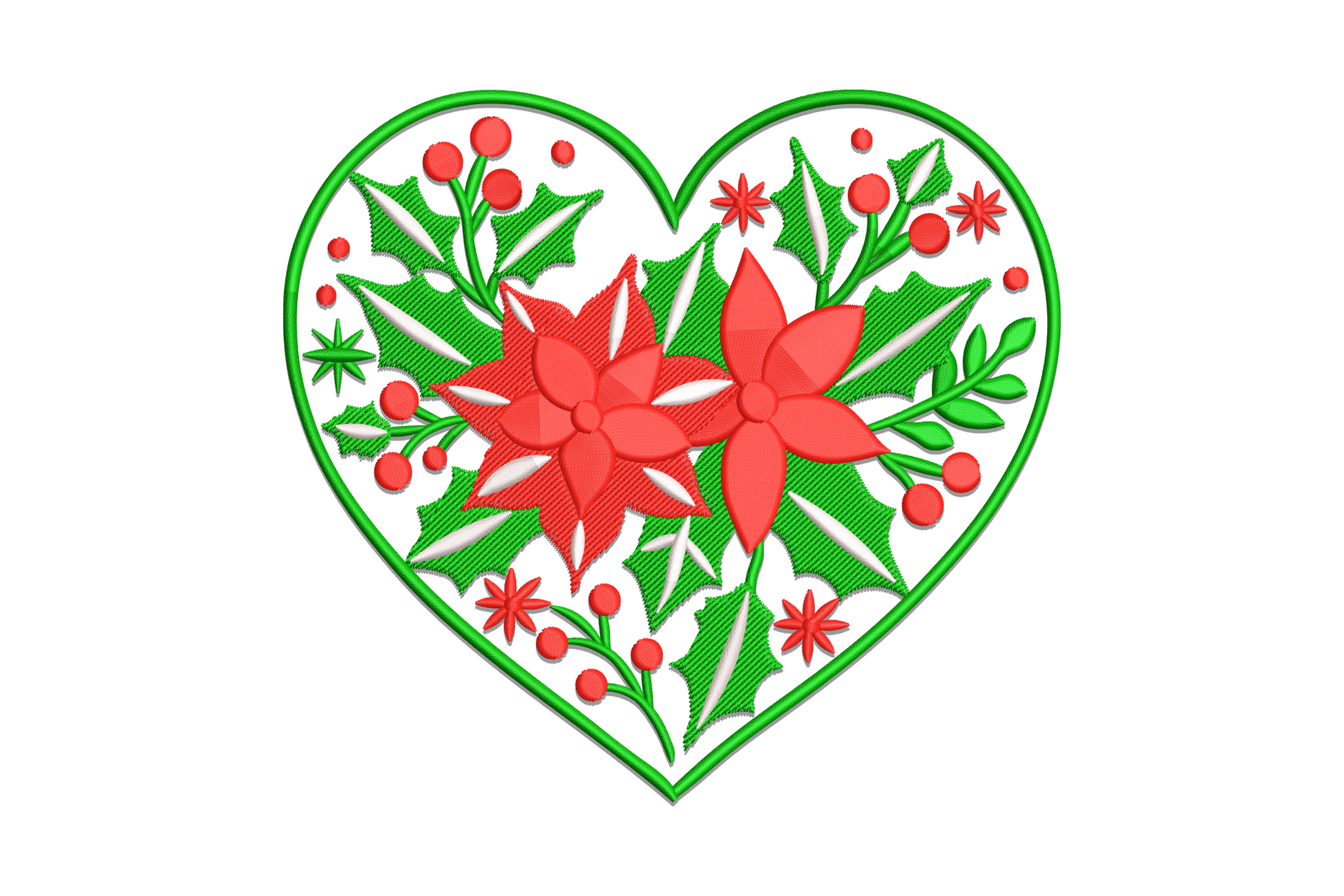Embroidery design of a green heart filled with red poinsettia flowers, holly leaves and berries, on white background