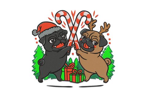 Two Christmas pugs, one red Santa hat one with reindeer antlers, crossed candy canes and a gift box between them, 9 color