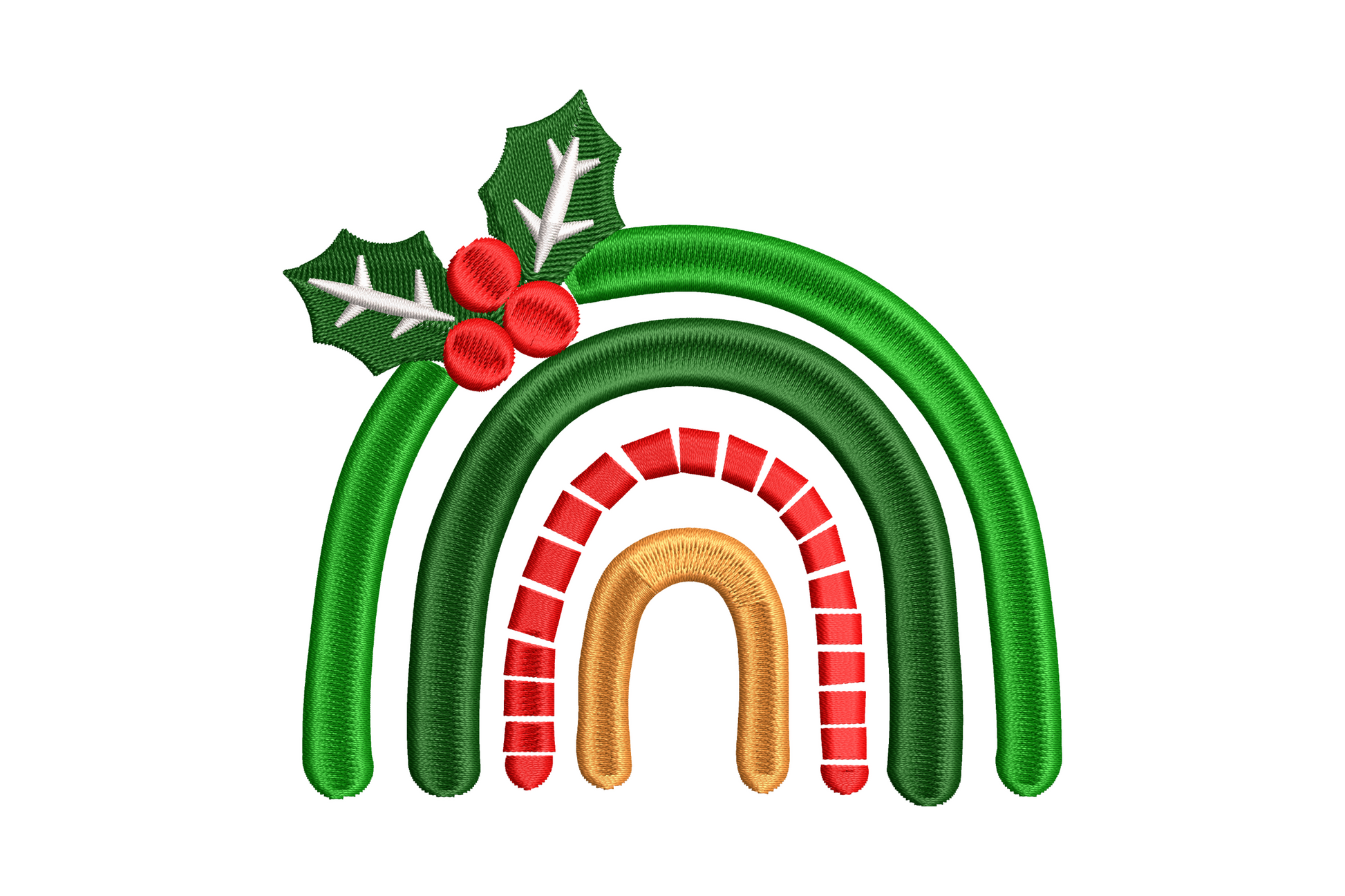 Christmas rainbow embroidery design with four satin arch bands in dark green, red and orange with holly berry sprig on top, 5 colours