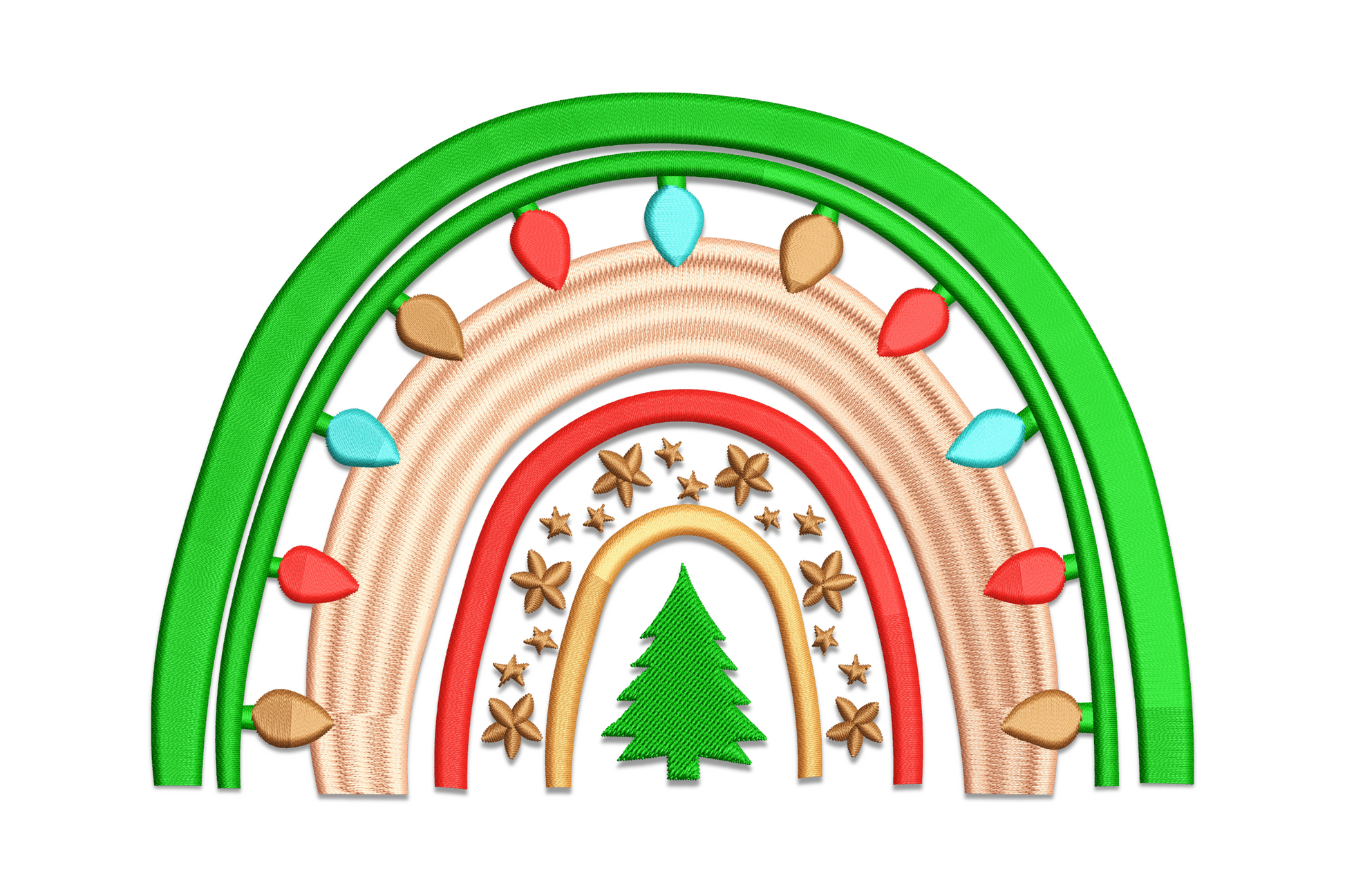 Christmas rainbow tree embroidery design with 6-colour horizontal satin bands from red to purple across 5 sizes from 2.36 to 5.06 inches wide