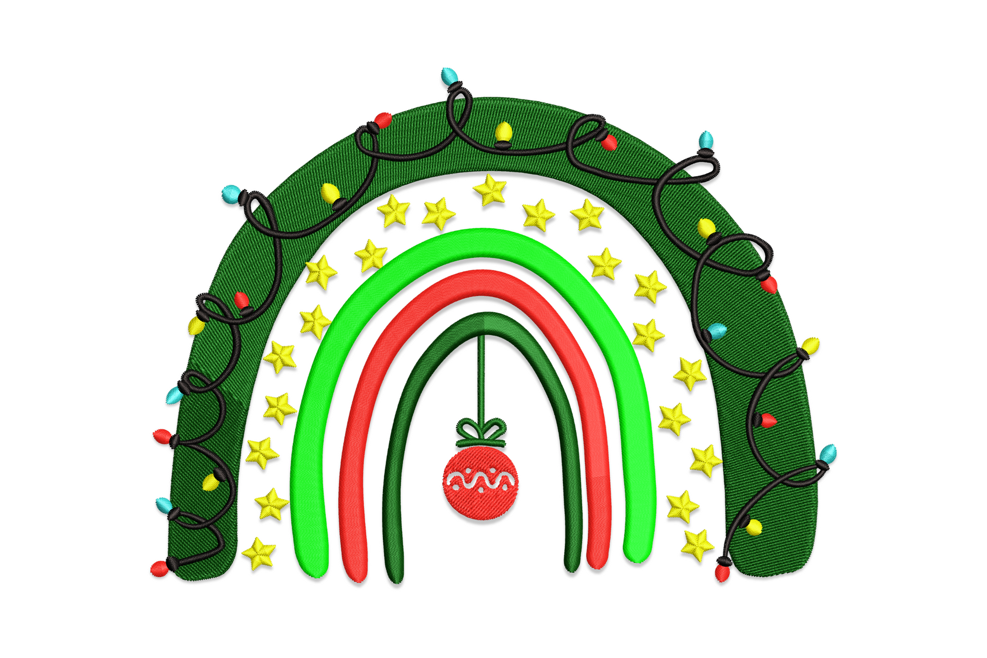 Christmas rainbow embroidery design, dark green arch with fairy lights, yellow stars, inner arches, red bauble at centre.