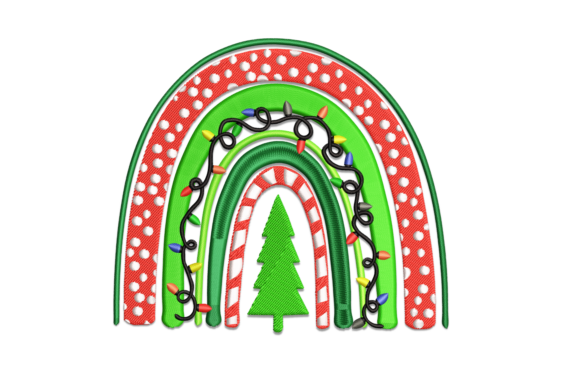 Christmas tree silhouette banded in rainbow colours from red base to violet top with gold star topper, machine embroidery design, 12 colours, 4 sizes from 2.2 to 4.8 inches wide