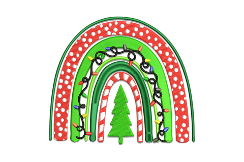 Christmas tree silhouette banded in rainbow colours from red base to violet top with gold star topper, machine embroidery design, 12 colours, 4 sizes from 2.2 to 4.8 inches wide