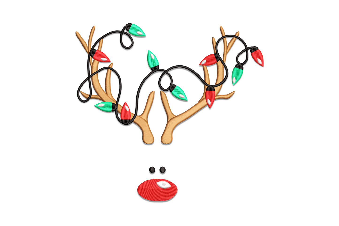 Christmas reindeer antlers embroidery design with chestnut brown satin branches, dark green holly leaves and bright red berry clusters