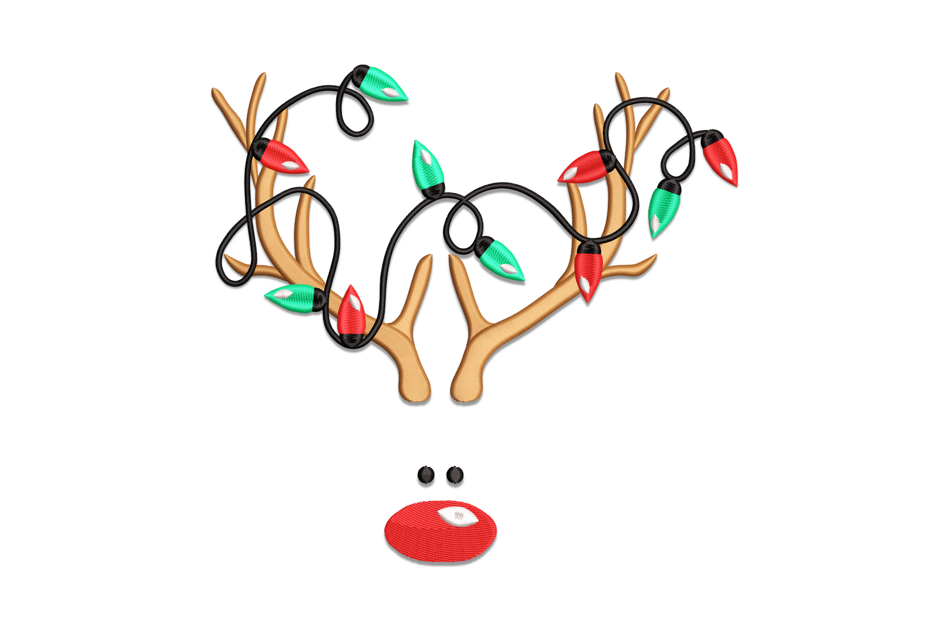 Christmas reindeer antlers embroidery design with chestnut brown satin branches, dark green holly leaves and bright red berry clusters