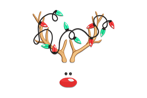 Christmas reindeer antlers embroidery design with chestnut brown satin branches, dark green holly leaves and bright red berry clusters