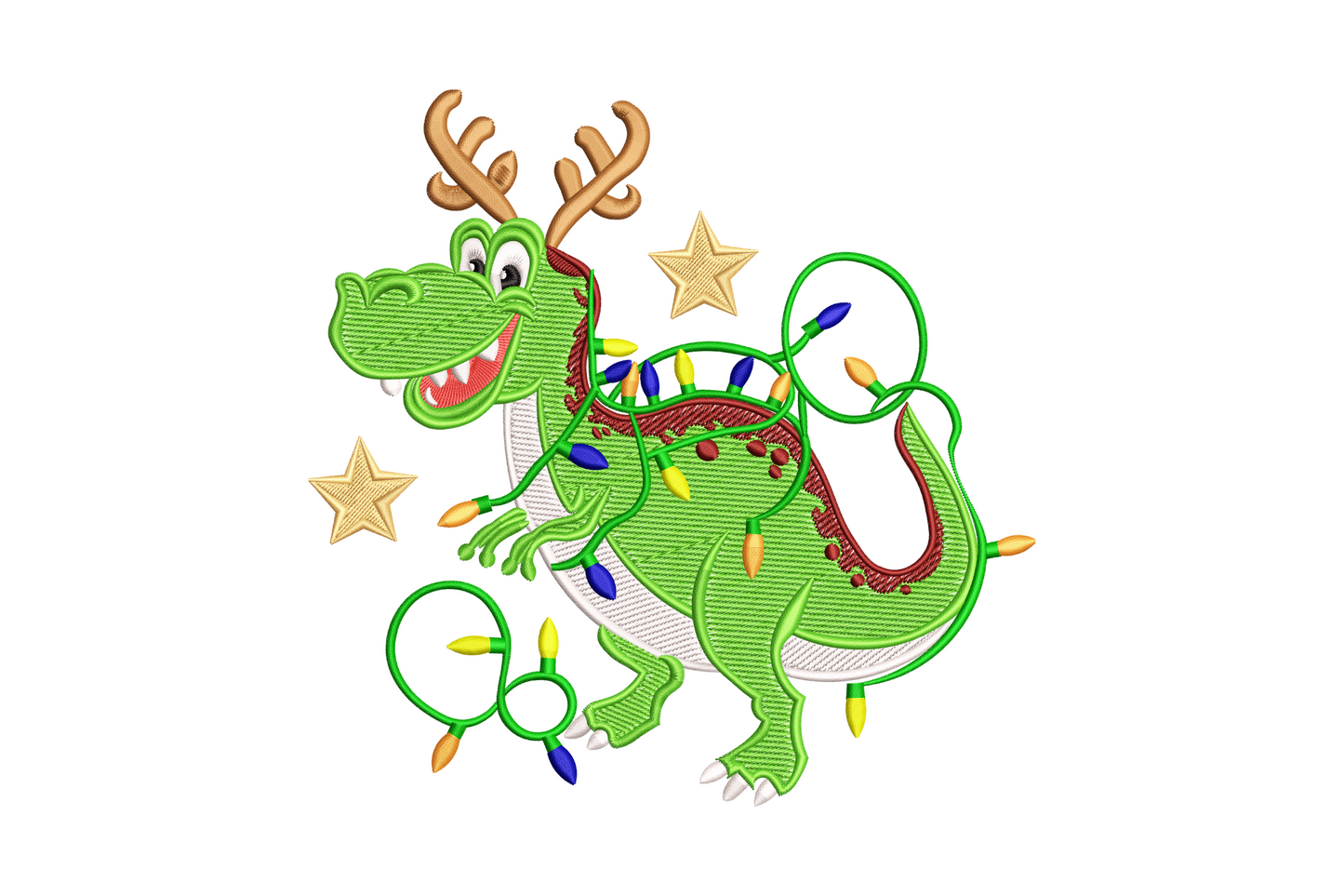 Cartoon green t-rex reindeer dinosaur christmas embroidery with brown antlers and wrapped string of christmas bulb lights.