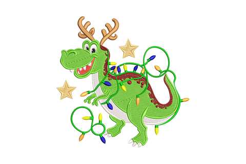Cartoon green t-rex reindeer dinosaur christmas embroidery with brown antlers and wrapped string of christmas bulb lights.