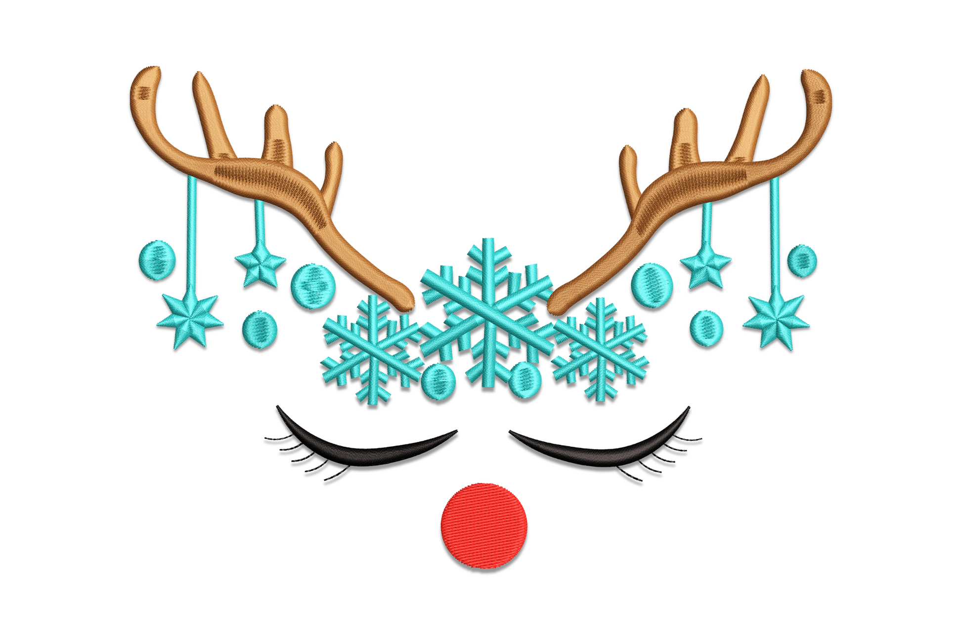 Christmas reindeer face with antlers embroidery design, front-facing deer with spread antlers in 4 colours, clean graphic holiday animal for tshirts and stockings