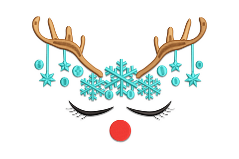Christmas reindeer face with antlers embroidery design, front-facing deer with spread antlers in 4 colours, clean graphic holiday animal for tshirts and stockings