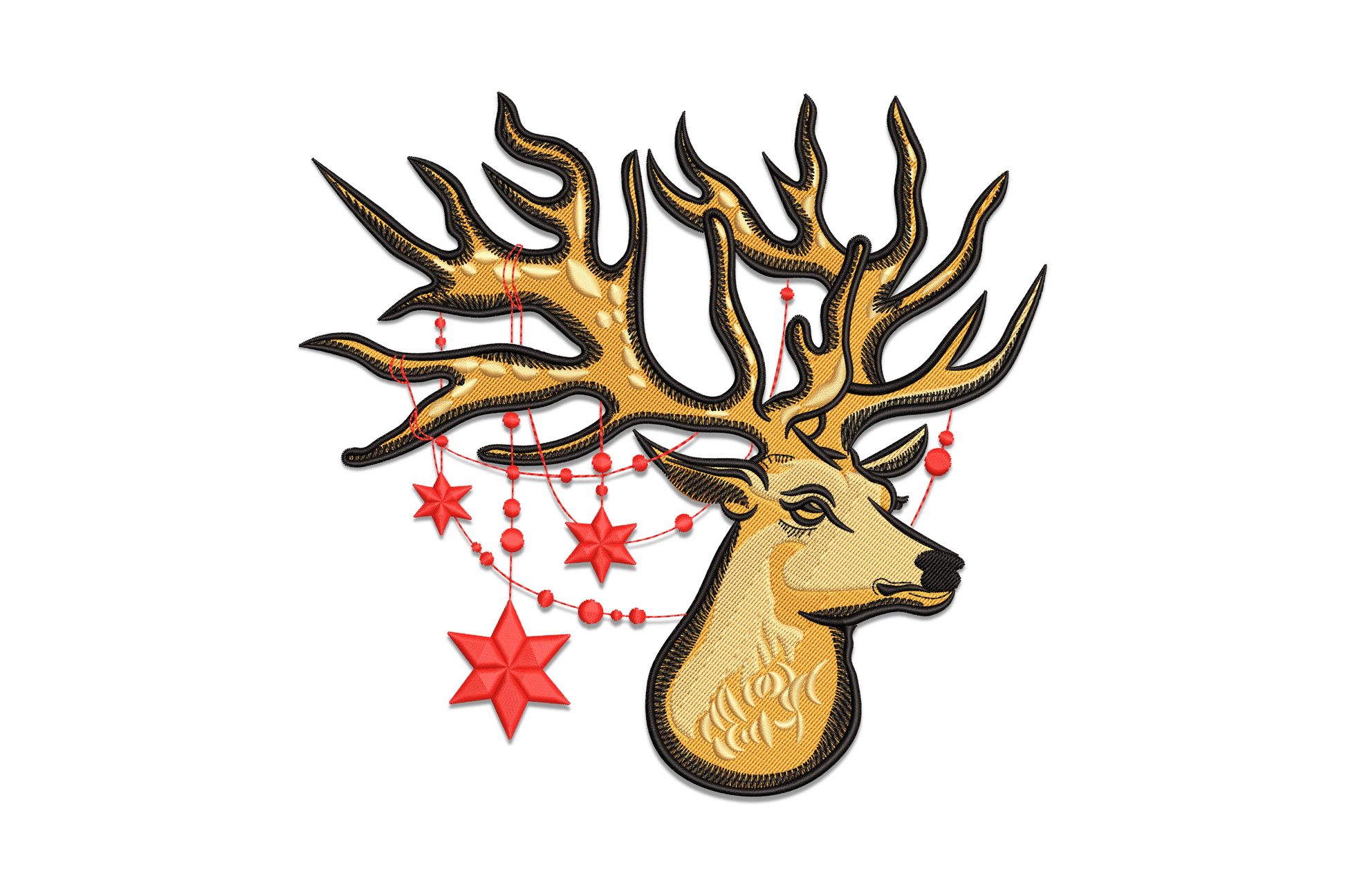 Christmas reindeer head portrait embroidery design, close-up deer face with antlers in 4 colours, directional fur stitching for sweatshirts and home decor