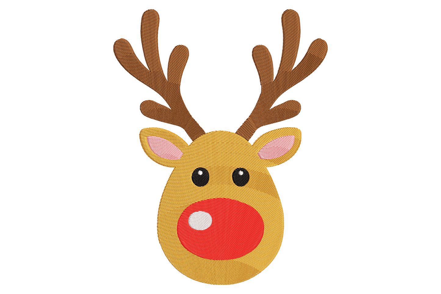 Christmas reindeer head embroidery design, cute cartoon rudolph face with big red nose, brown antlers, pink inner ears and tan fur