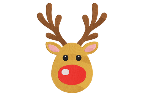 Christmas reindeer head embroidery design, cute cartoon rudolph face with big red nose, brown antlers, pink inner ears and tan fur
