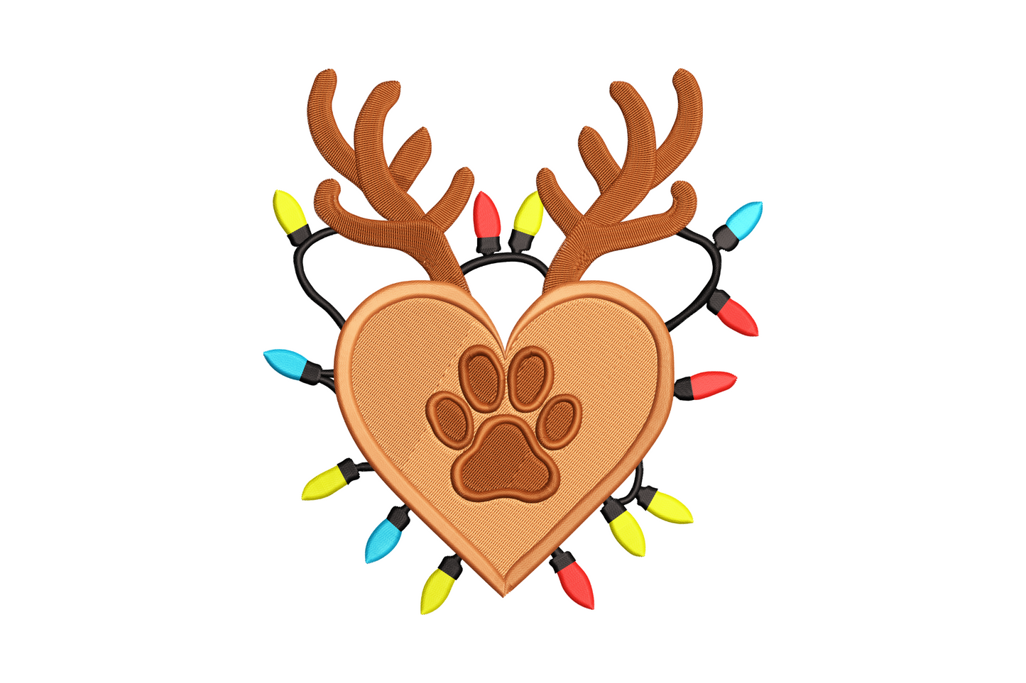 Caramel heart with reindeer antlers, colorful Christmas light bulbs, and a paw stamp center, machine embroidery design