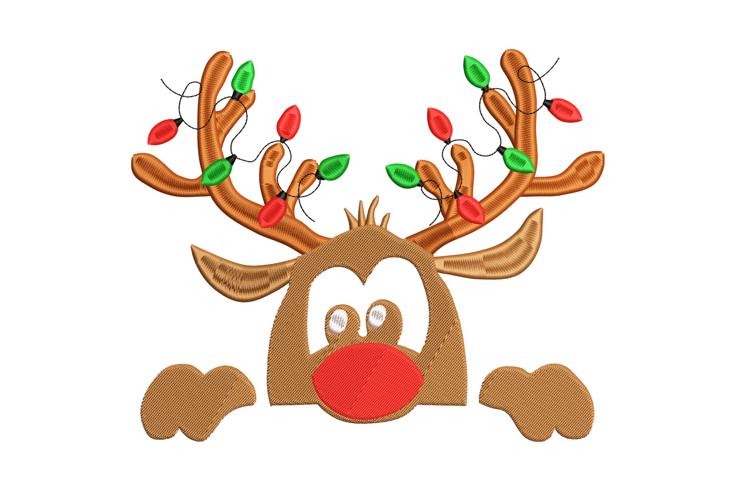 Christmas reindeer peekaboo embroidery design with red and green lights on antlers, 6 colors, 5 sizes