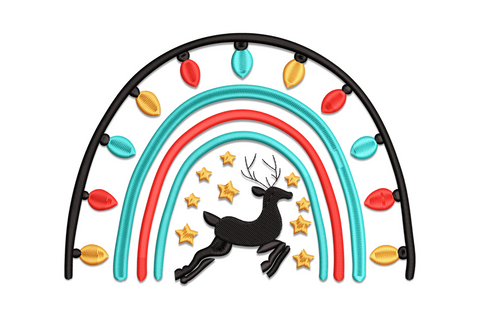 Rainbow Christmas embroidery with black leaping reindeer silhouette under aqua and red arch with orange stars and bulbs.