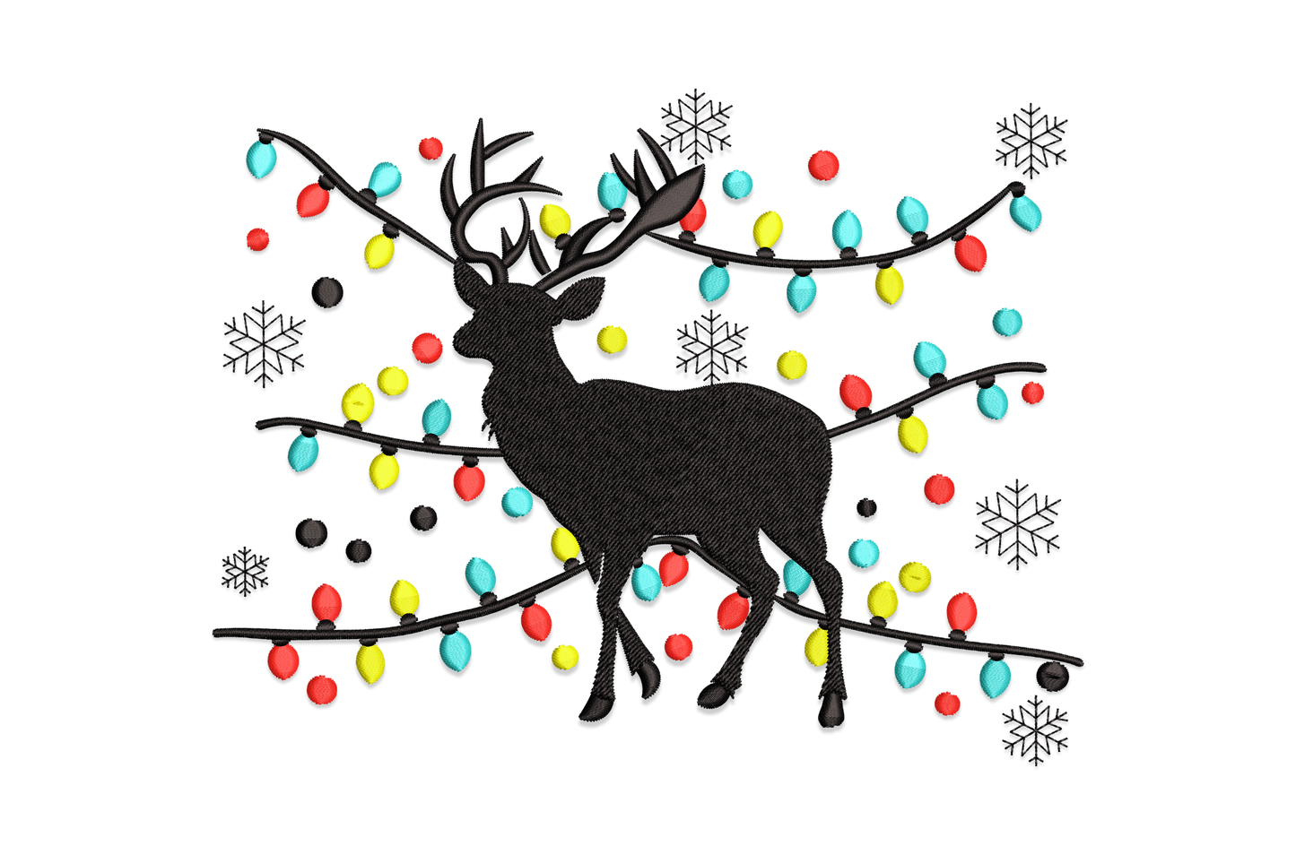 Christmas reindeer silhouette embroidery design with colourful string lights on antlers, solid chocolate brown fill on cream pillow fabric.