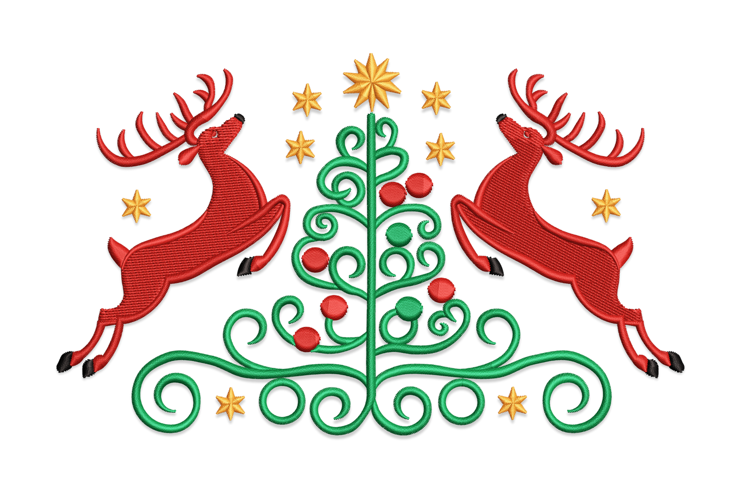 Christmas reindeer tree embroidery design with cocoa satin reindeer and sage green pine tree, machine embroidery design for navy hoodies and holiday gifts.