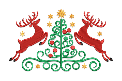 Christmas reindeer tree embroidery design with cocoa satin reindeer and sage green pine tree, machine embroidery design for navy hoodies and holiday gifts.