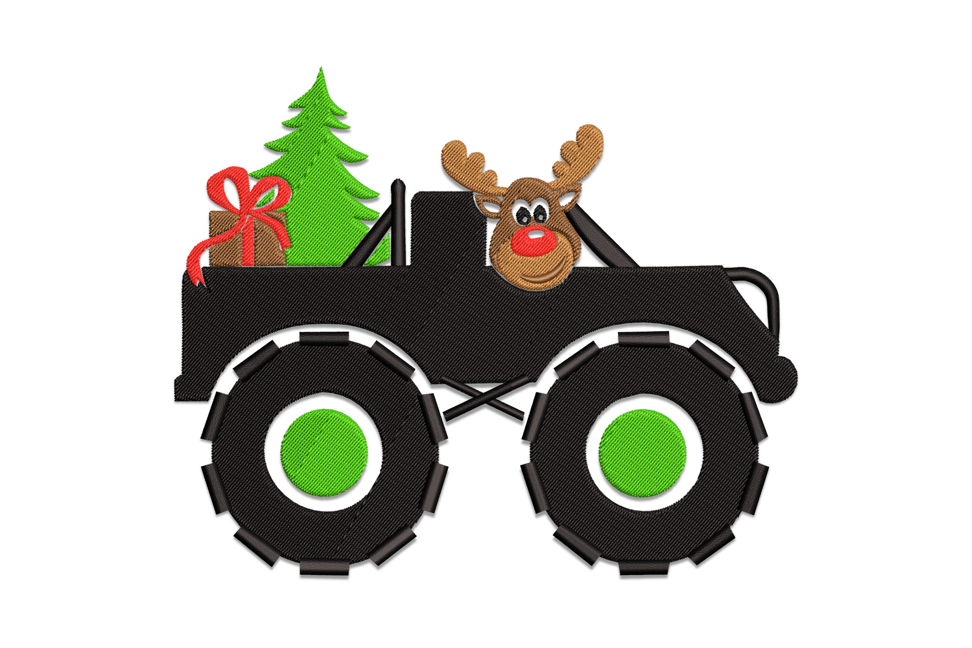 Christmas reindeer truck embroidery design showing a red vintage pickup loaded with gifts and a reindeer, pine tree tied to the roof.