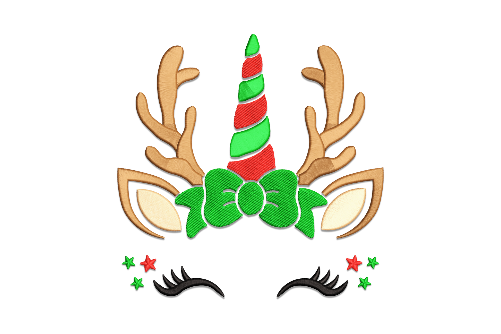 Christmas reindeer unicorn embroidery design with brown antlers, red-green spiral horn, holly wreath, dramatic lashes and star accents, 5 colours, 4 sizes from 3.5 to 7.5 inches