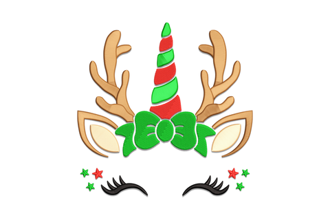 Christmas reindeer unicorn embroidery design with brown antlers, red-green spiral horn, holly wreath, dramatic lashes and star accents, 5 colours, 4 sizes from 3.5 to 7.5 inches