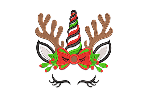 Christmas reindeer unicorn face embroidery, wide brown antlers, twisted red-green spiral horn, red bow with holly, sleepy lash eyes