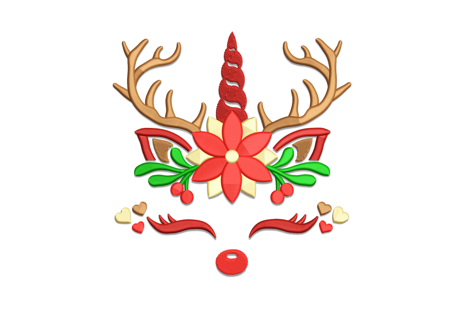 Christmas reindeer unicorn poinsettia embroidery design with afro puffs, green antlers, gold horn, red crown with poinsettia flower, and pink ears