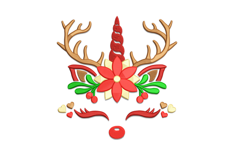 Christmas reindeer unicorn poinsettia embroidery design with afro puffs, green antlers, gold horn, red crown with poinsettia flower, and pink ears
