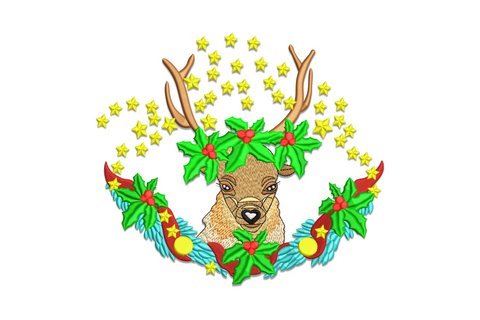 Christmas reindeer wreath embroidery, realistic deer head inside holly wreath with yellow stars, teal ribbon bows and round baubles.