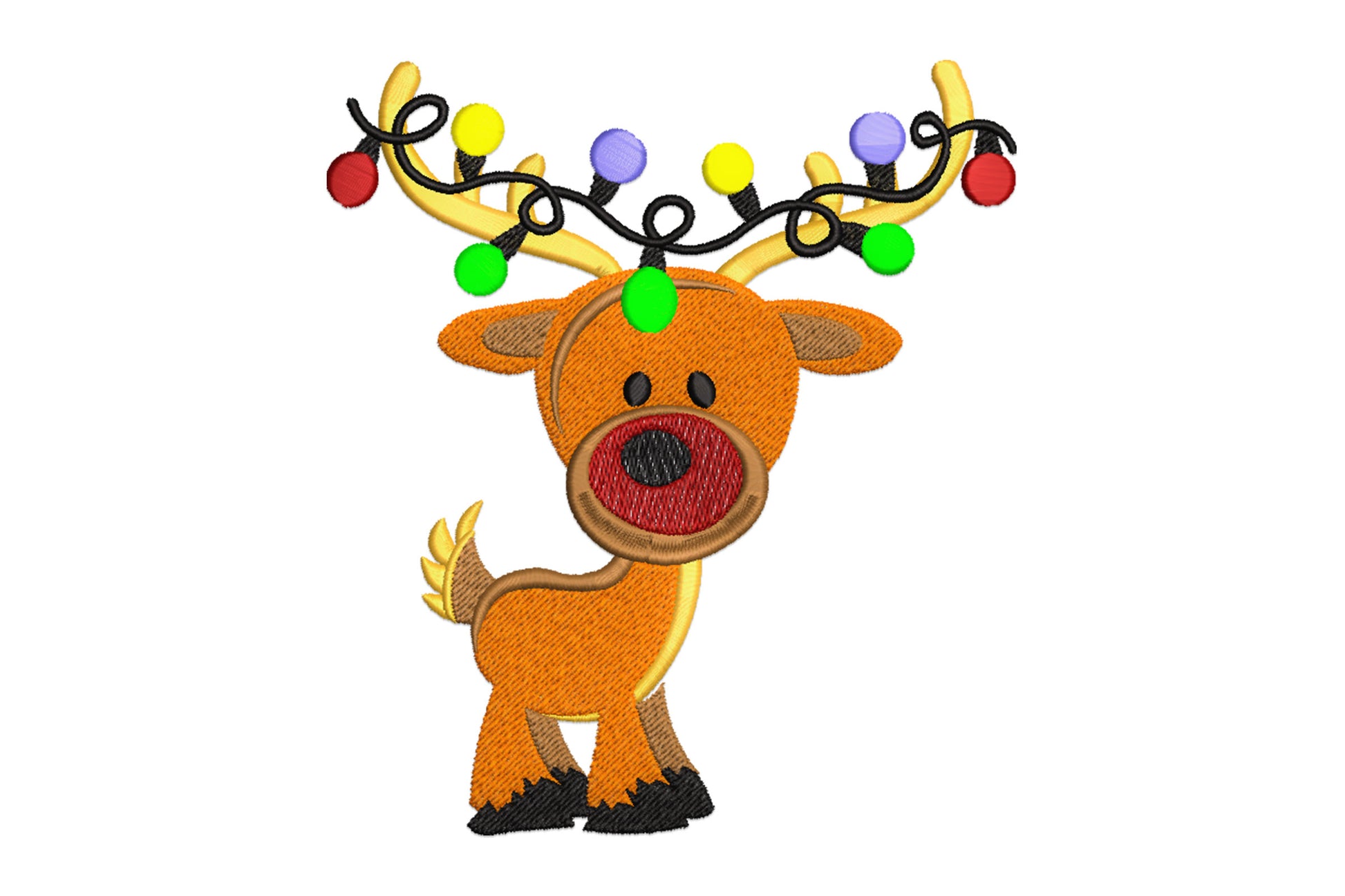 Christmas reindeer lights embroidery, cartoon reindeer with colourful bulb string lights on antlers and oversized red nose.