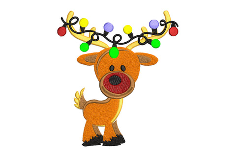 Christmas reindeer lights embroidery, cartoon reindeer with colourful bulb string lights on antlers and oversized red nose.