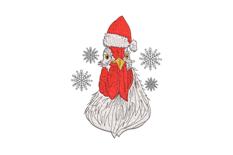 Christmas rooster embroidery, portrait-style rooster in Santa hat, white chest feather fill, red wattle, orange beak, black snowflake outlines, 4 sizes