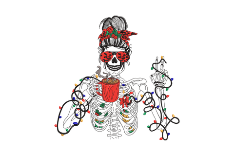 Christmas skeleton girl with red rose bandana heart sunglasses holding steaming coffee mug tangled in colourful fairy lights.