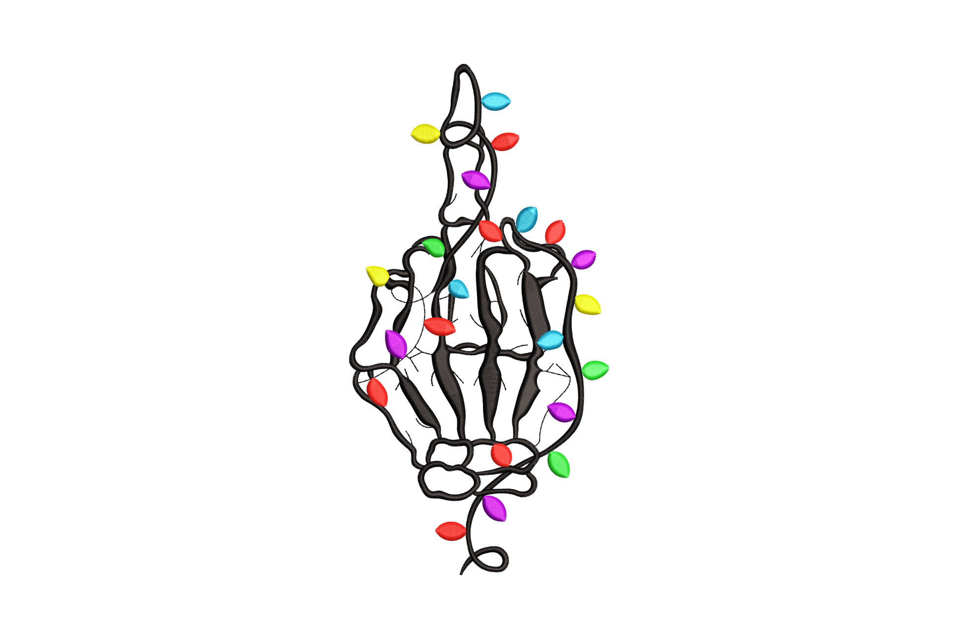 Skeleton middle finger Christmas embroidery in black bone outline wrapped in red purple green yellow cyan bulb lights.