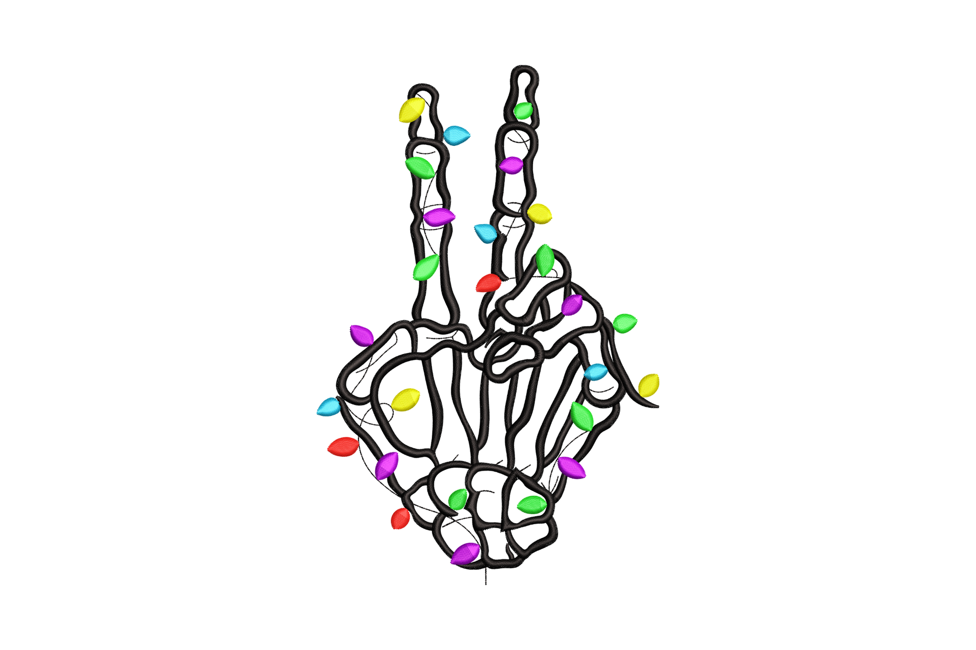 Skeleton peace hand Christmas embroidery in black bone outline tangled in red purple green yellow cyan bulb string.