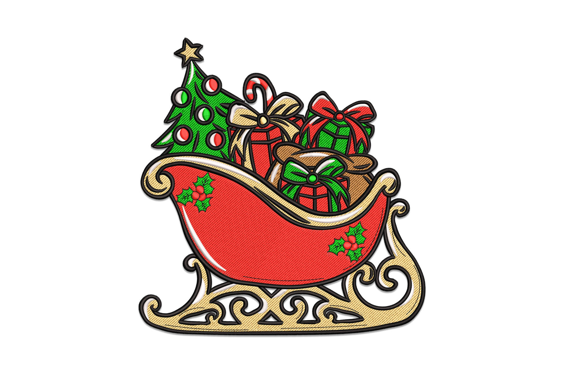 Traditional Christmas sleigh piled with wrapped gift boxes in red, cream and green, classic holiday embroidery design.