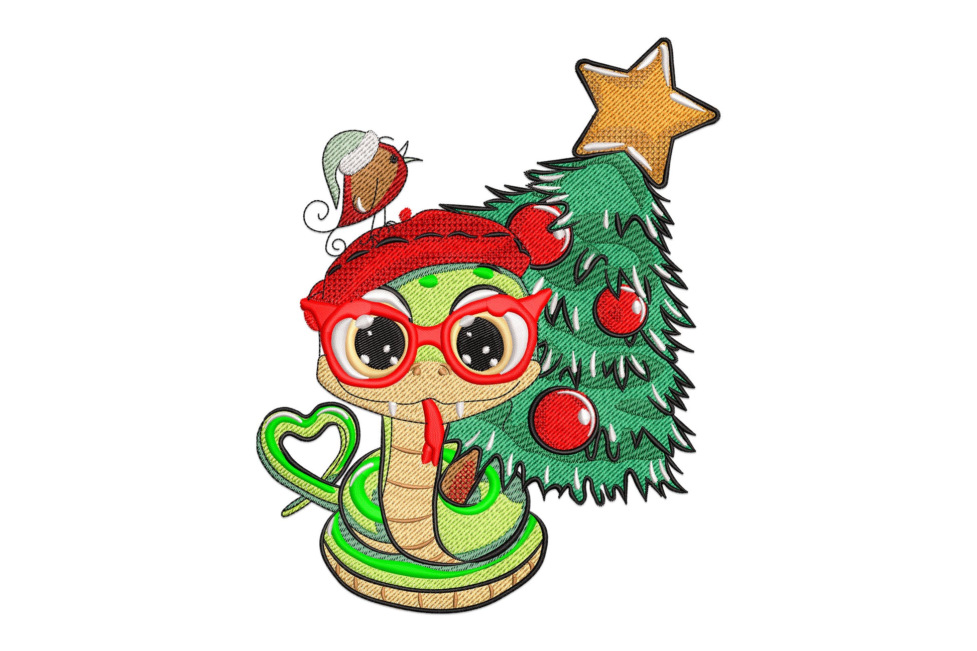 Christmas snake embroidery, cartoon snake in Santa hat and glasses coiled beside a Christmas tree with gold star and red baubles.